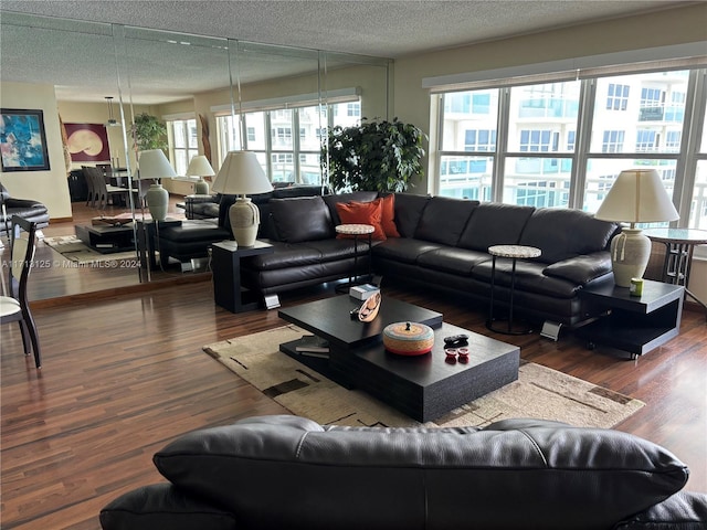 living room with dark hardwood / wood-style flooring and a textured ceiling