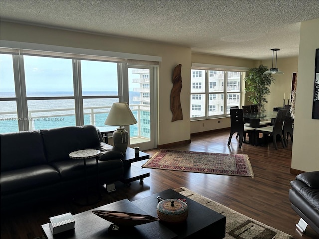 living room featuring a water view, dark wood-type flooring, and a textured ceiling