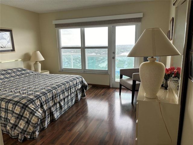 bedroom featuring multiple windows, dark wood-type flooring, and access to exterior