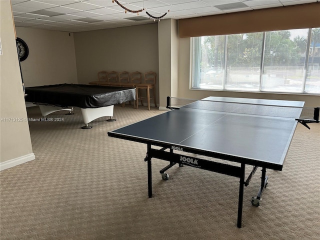 game room featuring carpet floors, a drop ceiling, and pool table