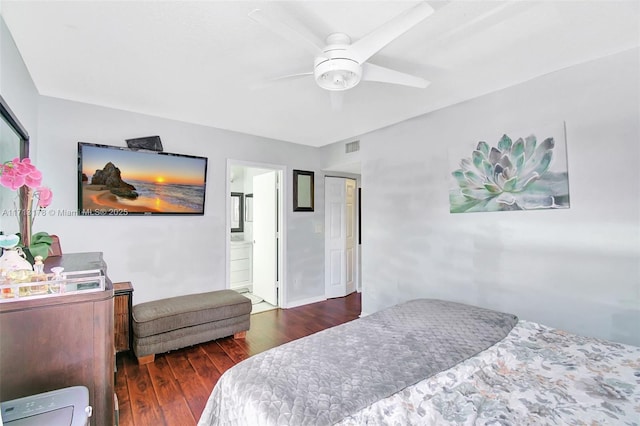 bedroom with connected bathroom, ceiling fan, and wood finished floors