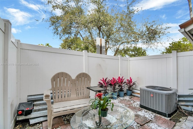 view of patio / terrace featuring central AC and a fenced backyard