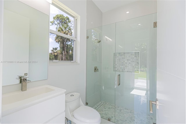 bathroom featuring vanity, a shower with door, and toilet