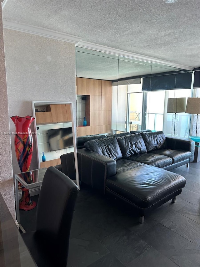 living room featuring a textured ceiling and crown molding