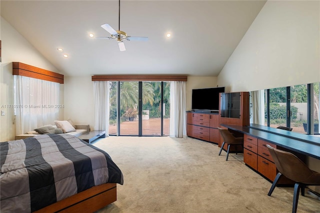 bedroom featuring ceiling fan, light carpet, high vaulted ceiling, and multiple windows