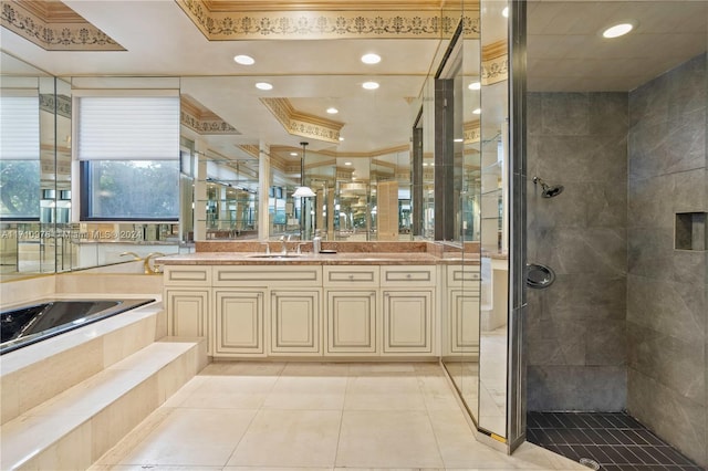 bathroom with tile patterned flooring, crown molding, a tray ceiling, a shower with door, and vanity