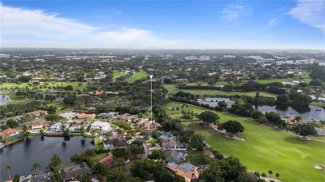 bird's eye view with a water view