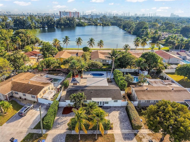 drone / aerial view with a water view