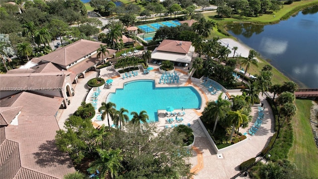 aerial view featuring a water view