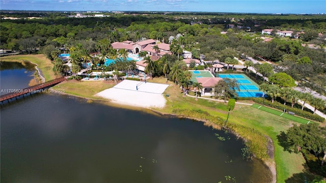 drone / aerial view with a water view