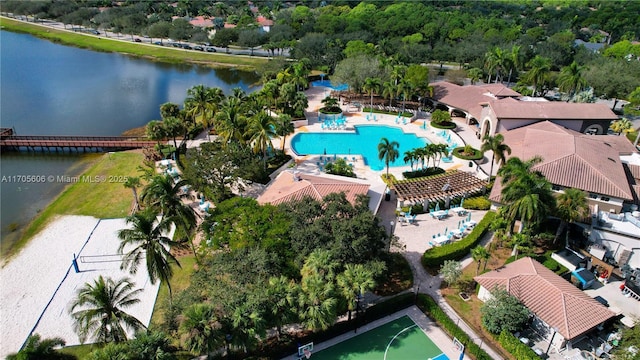 drone / aerial view with a water view