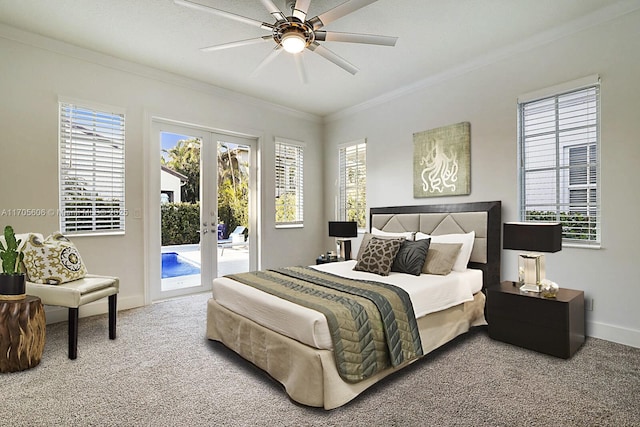 bedroom featuring french doors, crown molding, carpet flooring, ceiling fan, and access to exterior