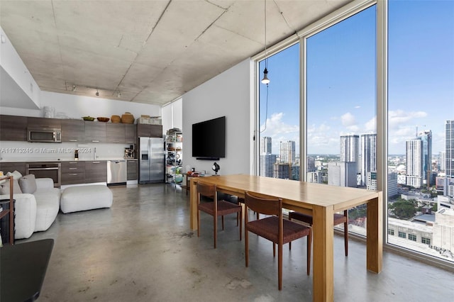 dining area with plenty of natural light, concrete flooring, and a wall of windows