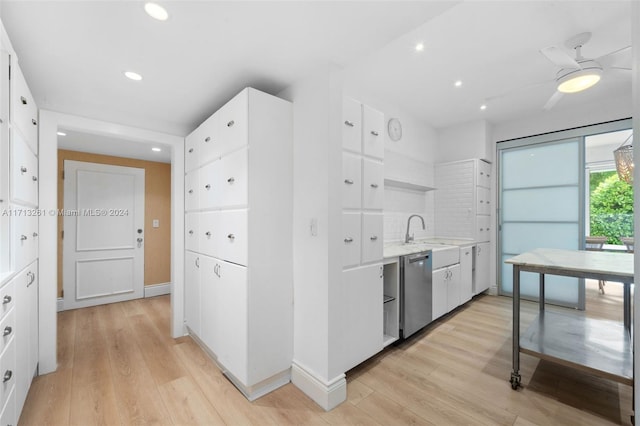 kitchen with dishwasher, sink, ceiling fan, light hardwood / wood-style floors, and white cabinetry