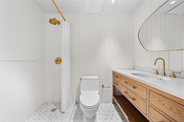 bathroom featuring wooden walls, toilet, vanity, and a shower with shower curtain