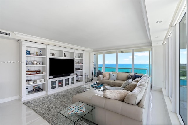 tiled living room with expansive windows