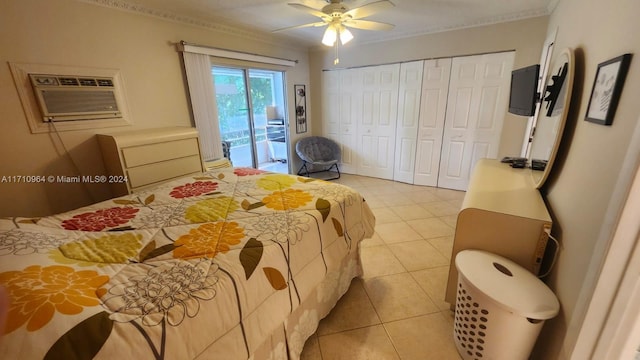 tiled bedroom with access to outside, a wall mounted AC, and ceiling fan