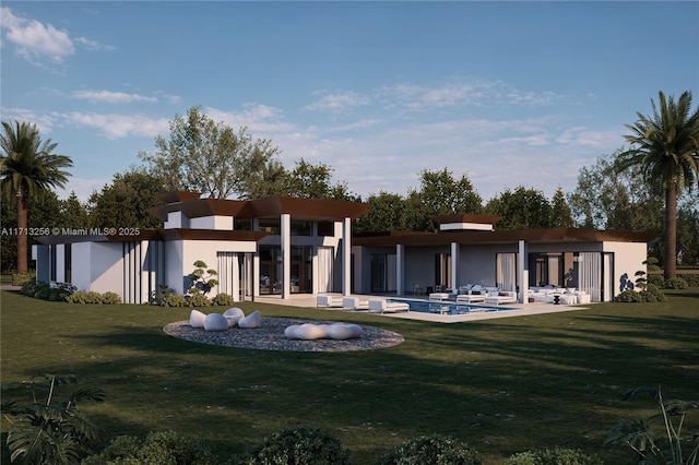 rear view of house with a yard and a patio