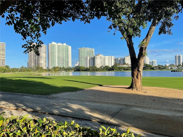 view of home's community featuring a lawn and a water view