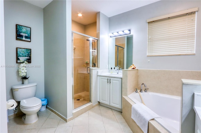 full bathroom featuring toilet, independent shower and bath, tile patterned flooring, and vanity