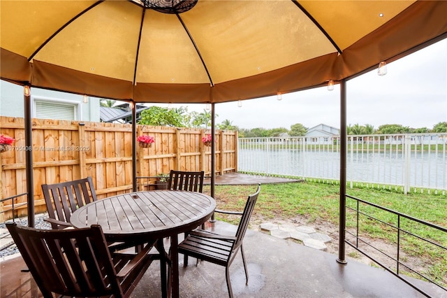 view of patio with a water view