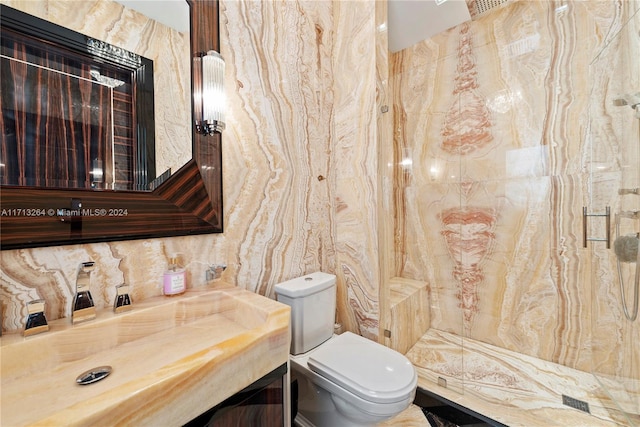 bathroom featuring vanity, toilet, and a shower