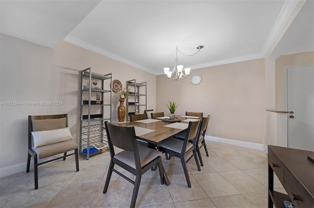 tiled dining room with crown molding and a notable chandelier