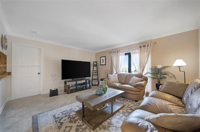 living room with light tile patterned floors and crown molding