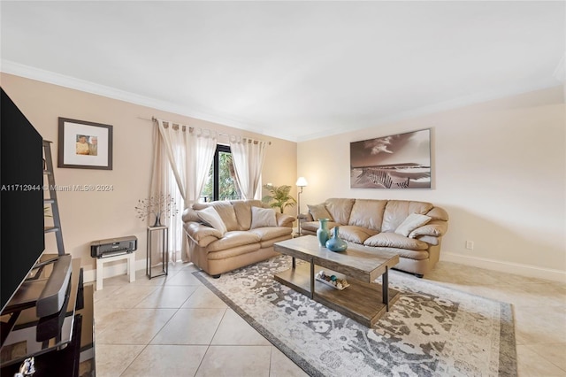 tiled living room featuring ornamental molding