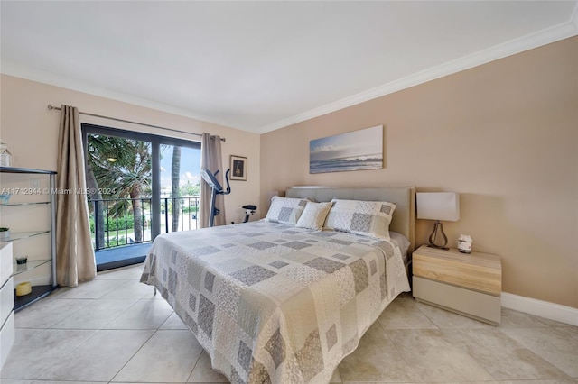 tiled bedroom featuring access to outside and crown molding