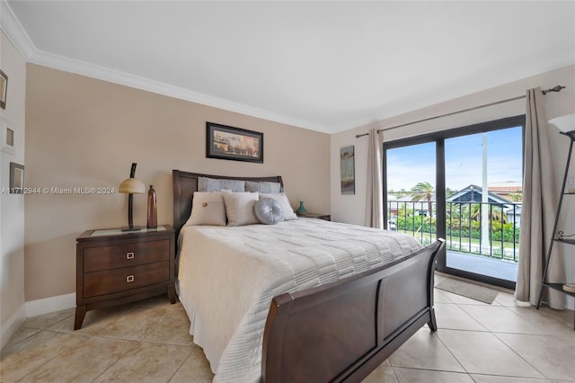 bedroom featuring access to exterior, light tile patterned floors, and ornamental molding