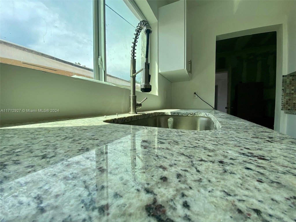 interior details with light stone countertops, white cabinetry, and sink