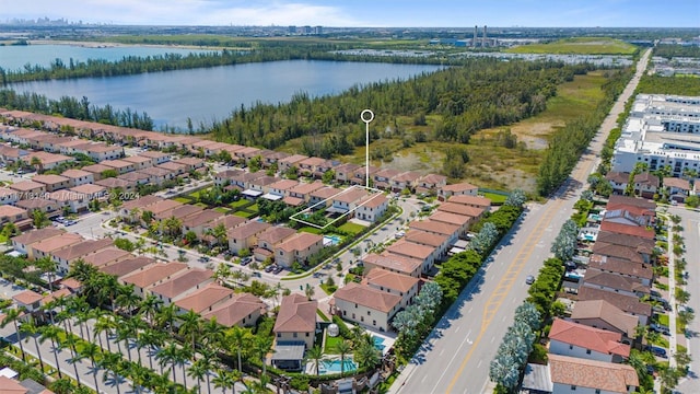 drone / aerial view featuring a water view