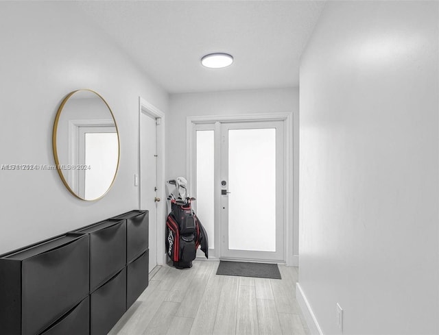 doorway with a healthy amount of sunlight and light hardwood / wood-style flooring