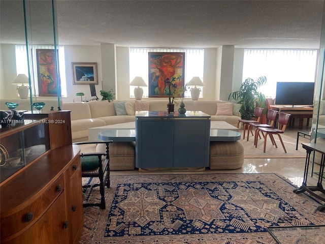 living room with a textured ceiling