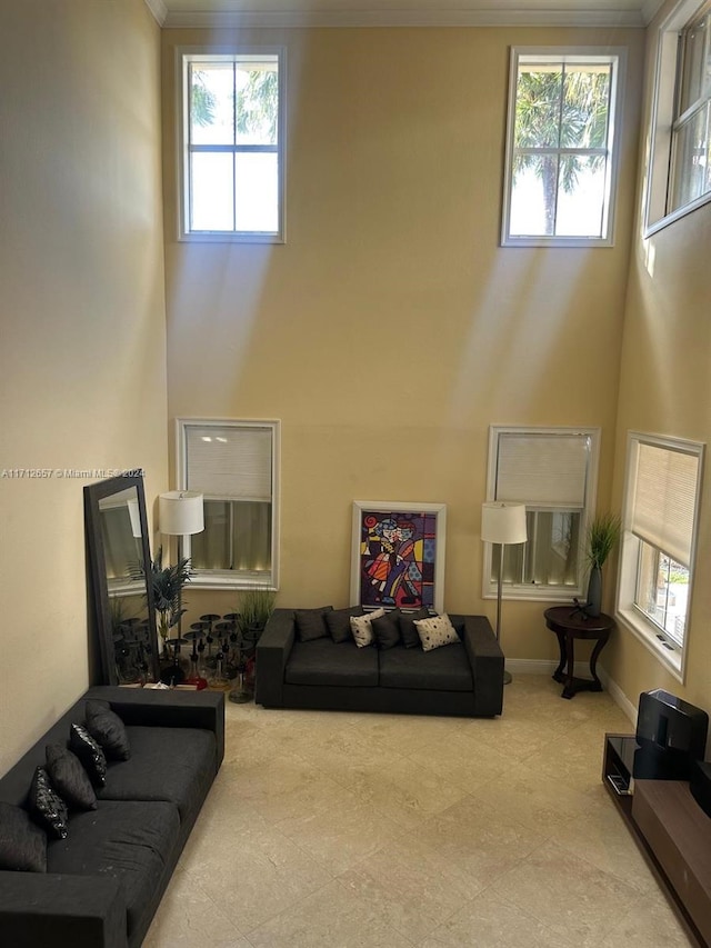 living room featuring plenty of natural light and ornamental molding