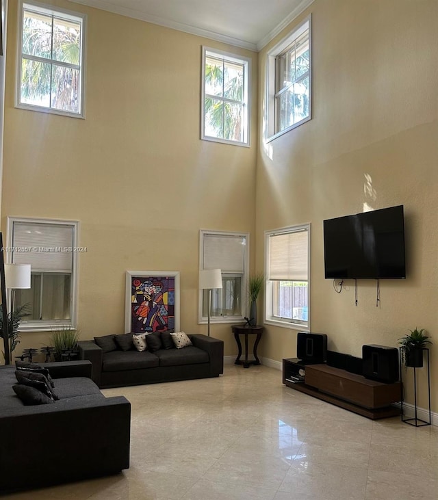 living room featuring a towering ceiling, plenty of natural light, and crown molding