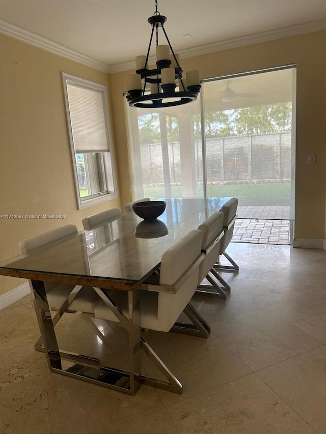 unfurnished dining area with light tile patterned flooring, crown molding, and a chandelier