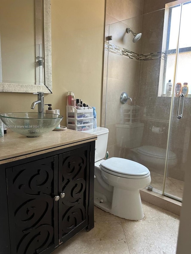 bathroom with vanity, an enclosed shower, and toilet