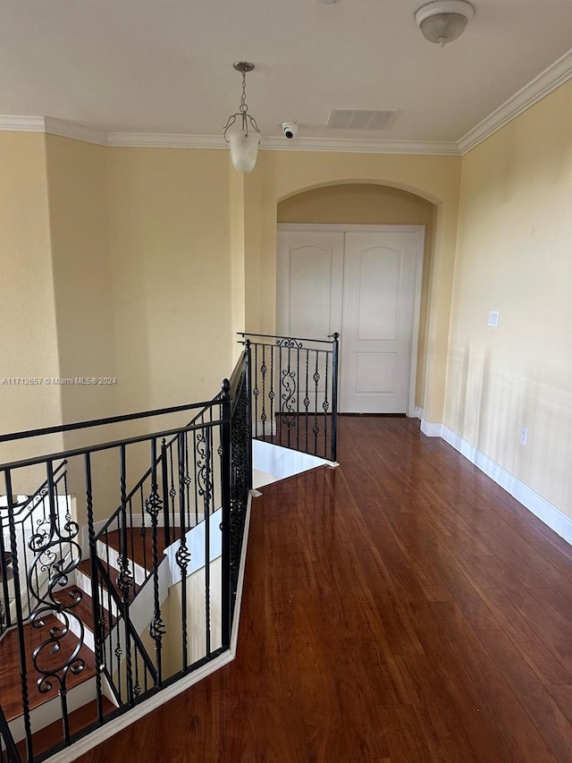 hall with dark hardwood / wood-style floors and ornamental molding