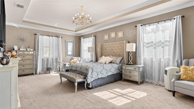 bedroom with a raised ceiling, light colored carpet, ornamental molding, and a chandelier