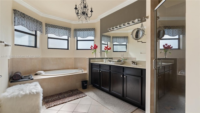 bathroom featuring vanity, plus walk in shower, tile patterned floors, crown molding, and a chandelier