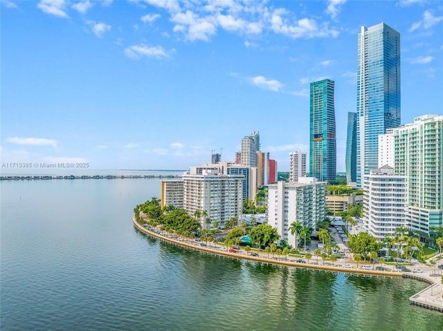 drone / aerial view with a water view and a view of city