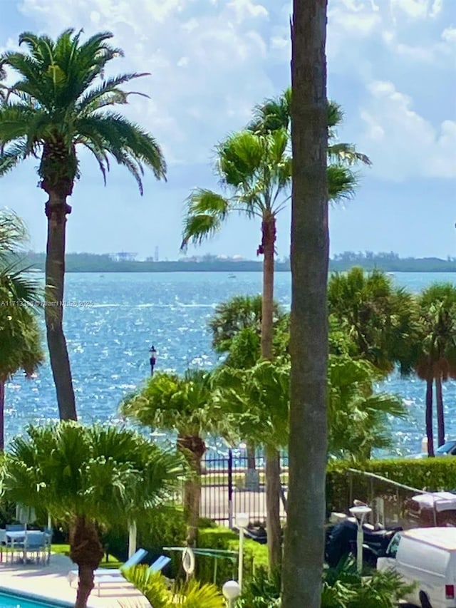 property view of water featuring fence