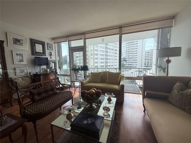 living room with a wall of windows and wood-type flooring