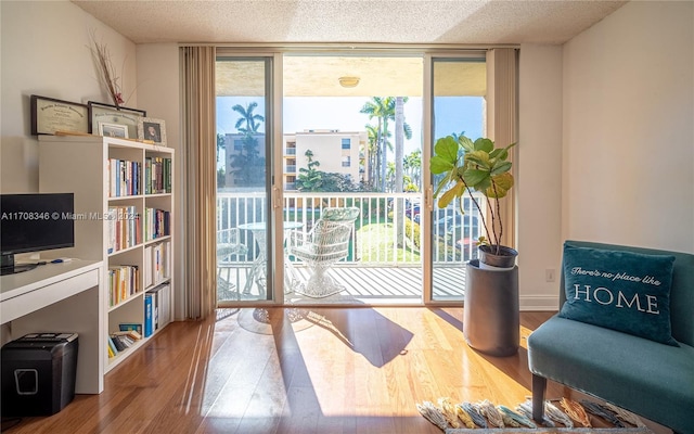 doorway featuring floor to ceiling windows, a wealth of natural light, and wood-type flooring