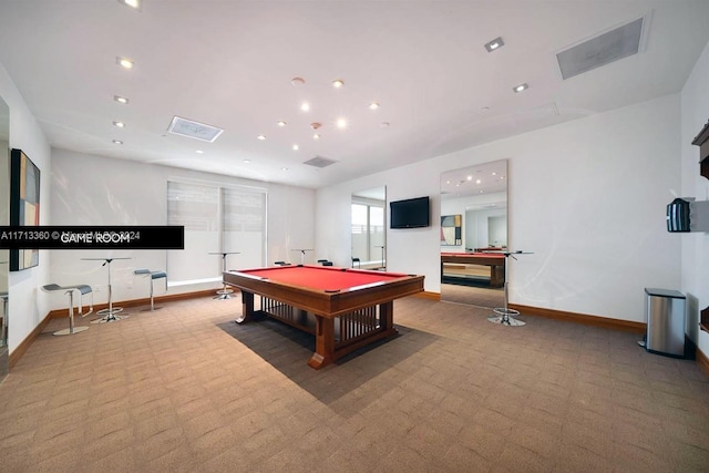 recreation room with light colored carpet and billiards