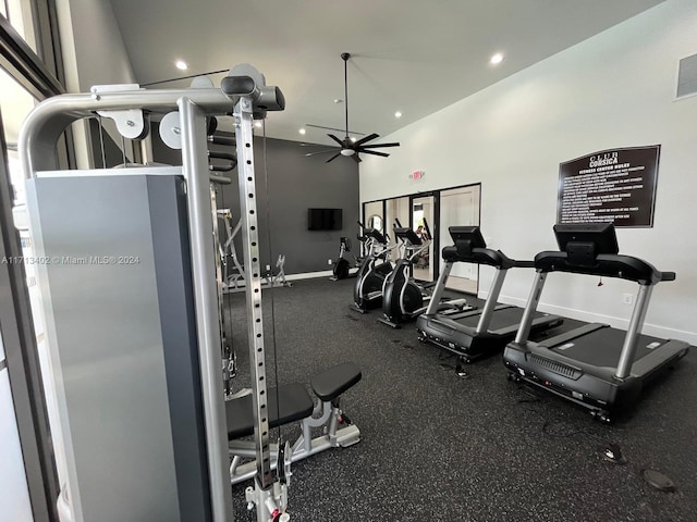 exercise room with ceiling fan