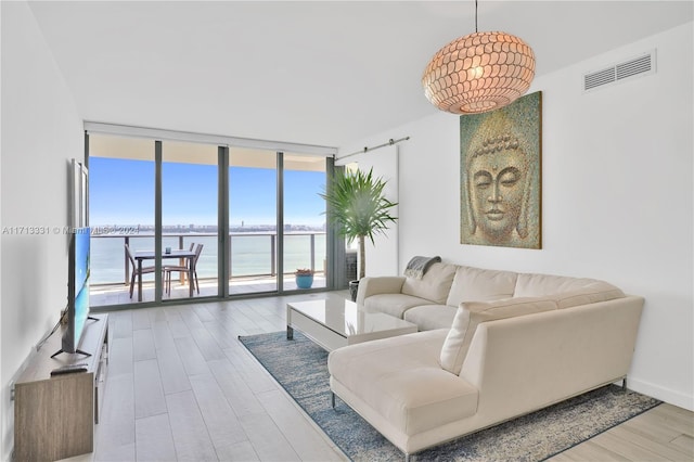 living room featuring light hardwood / wood-style floors and a wall of windows