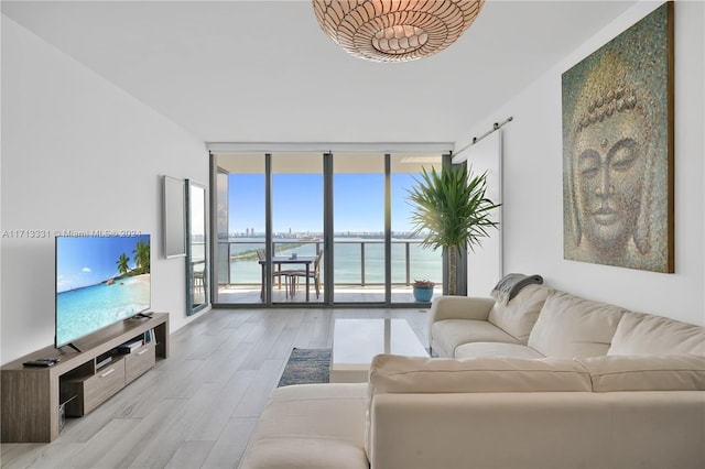 living room with light wood-type flooring and expansive windows